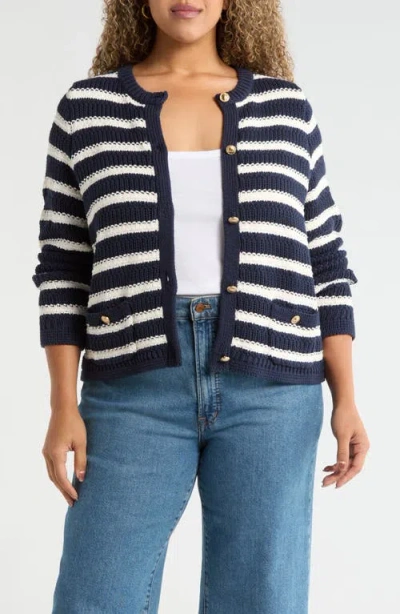 Caslonr Caslon(r) Stripe Rib Knit Button-up Cardigan In Navy- Ivory Peggy Stripe