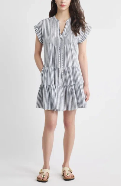 Caslonr Caslon(r) Stripe Ruffle Sleeve Linen Blend Tiered Dress