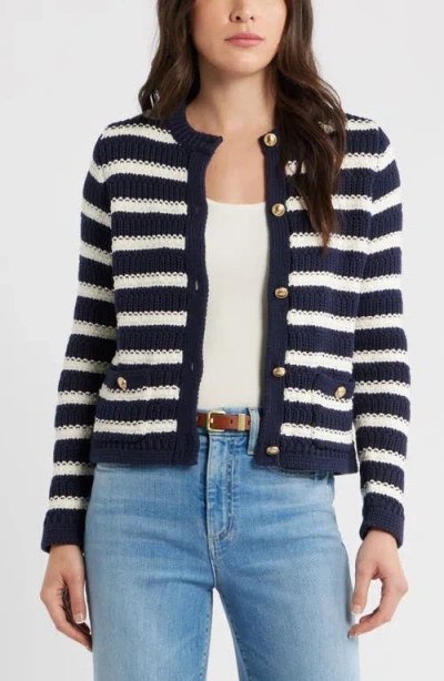 Caslonr Caslon(r) Textured Cotton Cardigan In Navy- Ivory Peggy Stripe