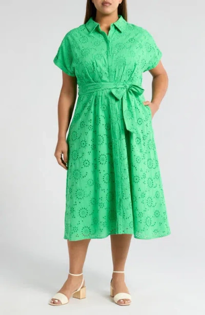 Caslonr Caslon(r) Tie Waist Eyelet Shirtdress In Green Celtic
