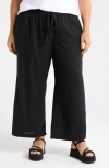Caslonr Caslon(r) Tie Waist Wide Leg Crop Linen Blend Pants In Black