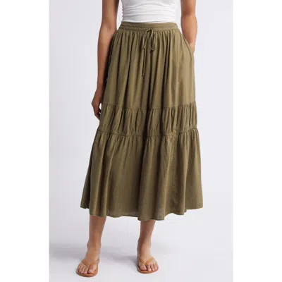 Caslonr Caslon(r) Tiered Linen Blend Midi Skirt In Olive Burnt