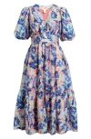 Caslonr Caslon(r) Twist Detail Allover Print Midi Dress In Coral- Blue Copa Floral