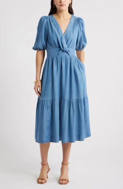 Caslonr Caslon(r) Twist Front Puff Sleeve Chambray Midi Dress In Multi