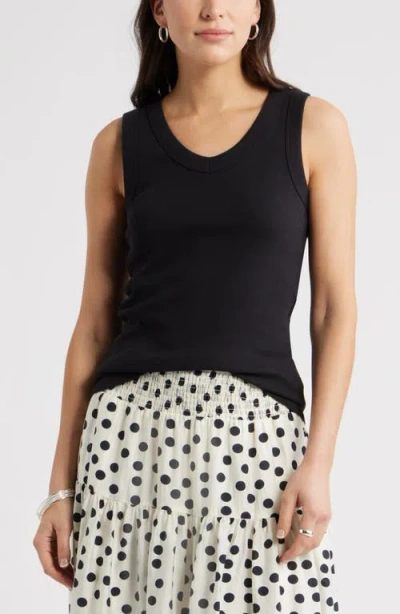 Caslonr Caslon(r) V-neck Rib Cotton Tank In Black