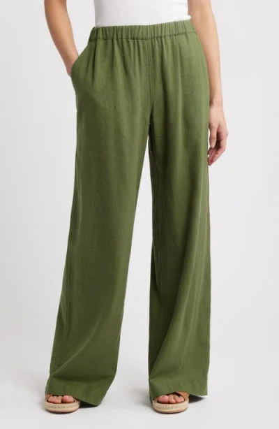 Caslonr Caslon(r) Wide Leg Pull-on Linen Blend Pants In Green Bronze