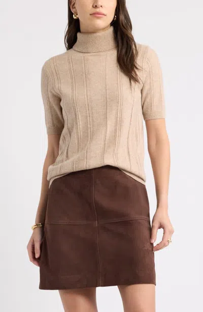 Caslonr Caslon(r) Wool & Cashmere Short Sleeve Turtleneck Sweater In Tan Doeskin Heather