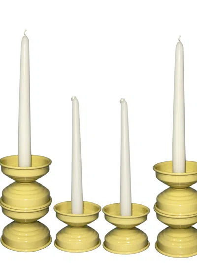 Pre-owned Caspal Art Deco Butter Yellow Candle Holders, Italian Contemporary Design, Set Of 4