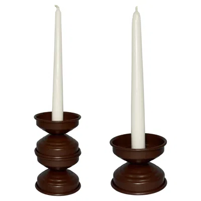 Pre-owned Caspal Art Deco Chocolate Brown Metal Candle Holders, Italian Minimal Design, In Stock