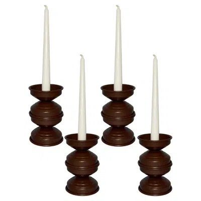 Pre-owned Caspal Art Deco Chocolate Brown Metal Candle Holders, Italian Minimal Design, Set Of 4
