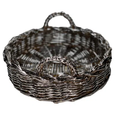 Pre-owned Caspal Contemporary Rattan Metal-plated Handmade Willow Basket, Made In Italy In Black