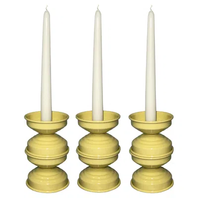 Pre-owned Caspal Set Of 3 Yellow Aluminum Candlesticks, Italian Minimalist Design, In Stock