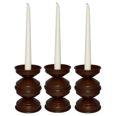 Pre-owned Caspal Set Of 6 Chocolate Brown Metal Candlesticks, Italian Art Deco Design, 2020s