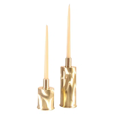 Pre-owned Caspal Set Of 6 Modern Brushed Brass Candlestick Holders By , Italy In Orange
