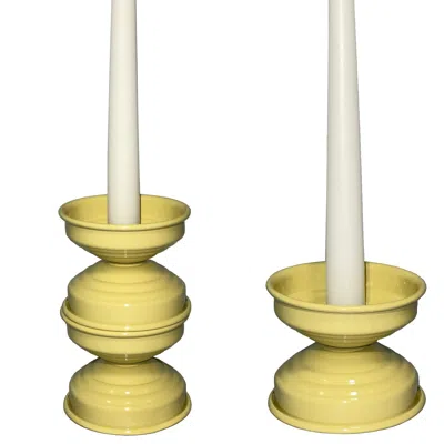 Caspal Yellow Large And Small Butter Glossy Candleholders Gift Set - Italian Design