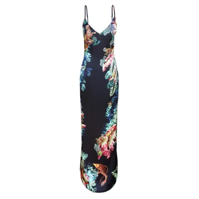 Cassandra Hone Women's Black / Blue Silk Slip Dress - Jungle Depths Print In Black/blue