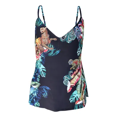 Cassandra Hone Women's Black Silk Camisole - Jungle Print
