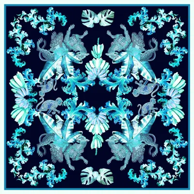 Cassandra Hone Women's Blue Aqua Jungle Large Square Silk Scarf