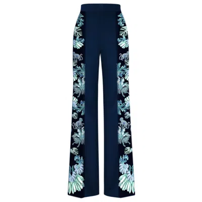 Cassandra Hone Women's Blue / Green / Black Navy Crepe Trouser With Silk Printed Sides In Blue/green/black