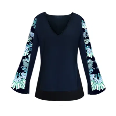 Cassandra Hone Women's Blue / Green / White Navy Crepe Blouse With Silk Printed Sleeves In Blue/green/white