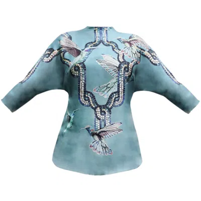 Cassandra Hone Women's Blue Kimono Blouse - Teal - Hummingbird Print