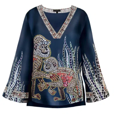 Cassandra Hone Women's Blue Mosaic Monkey Print Silk Blouse Navy
