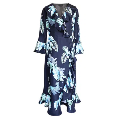 Cassandra Hone Women's Blue Silk Wrap Dress - Aqua Jungle Print