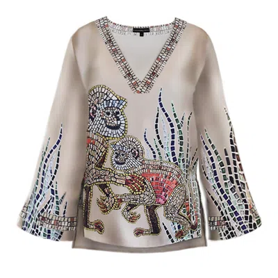Cassandra Hone Women's Gold Mosaic Monkey Print Silk Blouse Beige