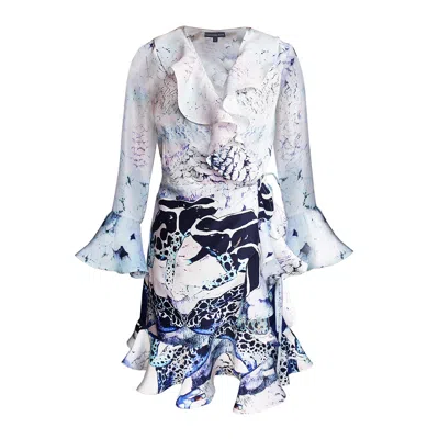 Cassandra Hone Women's Mini Silk Wrap Dress - Poison Dart Frog Print In Blue
