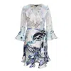 Cassandra Hone Women's Silk Wrap Dress - Poison Dart Frog & Feather Print In Blue