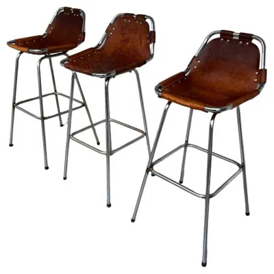 Pre-owned Cassina 1960's Vintage 3x Original Leather By Charlotte Perriand Stools For Les Arcs In Brown