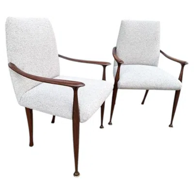 Pre-owned Cassina A Pair Of Italian 1950s Wallnut Chairs By  Upholstered In Grey Boucle In Gray