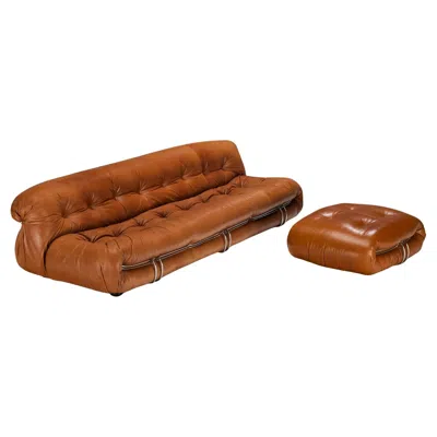 Pre-owned Cassina Afra & Tobia Scarpa For  'soriana' Sofa With Ottoman In Cognac Leather In Brown