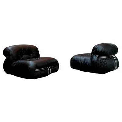 Pre-owned Cassina Afra & Tobia Scarpa "soriana" Chairs For , Black Leather 1969, Set Of 2
