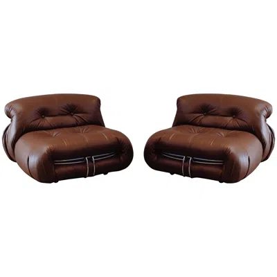 Pre-owned Cassina Afra & Tobia Scarpa "soriana" Chairs For , Brown Leather, 1969, Set Of 2