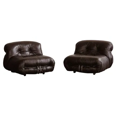Pre-owned Cassina Afra & Tobia Scarpa "soriana" Chairs For , Brown Leather, 1969, Set Of 2