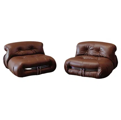 Pre-owned Cassina Afra & Tobia Scarpa "soriana" Chairs For , Brown Leather, 1969, Set Of 2