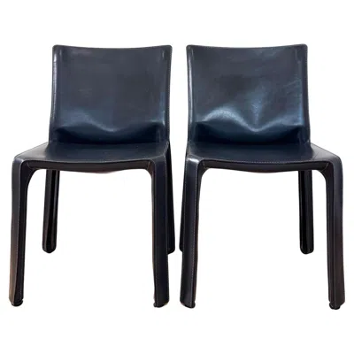 Pre-owned Cassina Cab 412 Chairs Mario Bellini Matte Black Drk Grey Leather Pair, 2 Chairs In Gray