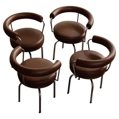 Pre-owned Cassina Charlotte Perriand “lc7” Chairs For , Brown Leather, 1927, Set Of 4