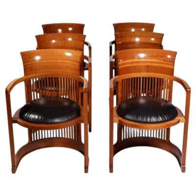 Pre-owned Cassina Frank Lloyd Wright Barrel Chair By , Wood & Black Leather, 1980