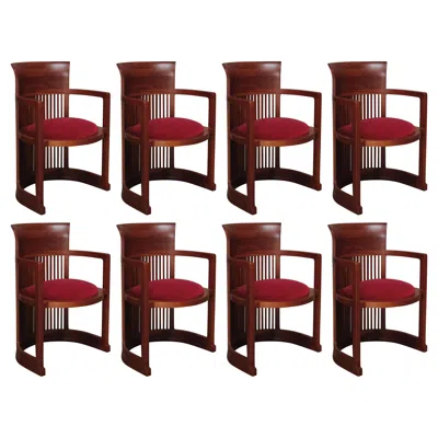 Pre-owned Cassina Frank Lloyd Wright "barrel" Chairs For , 1937, Burgundy Velvet, Set Of 8 In Red