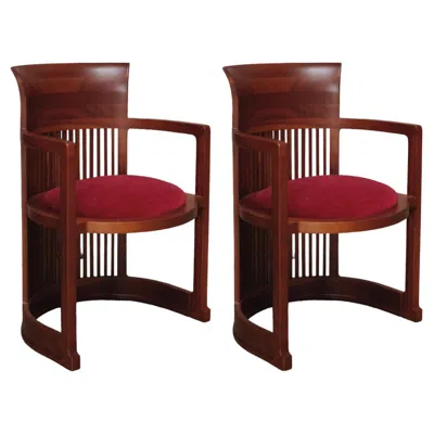 Pre-owned Cassina Frank Lloyd Wright "barrel" Chairs For , Burgundy Velvet, 1937, Set Of 2 In Red
