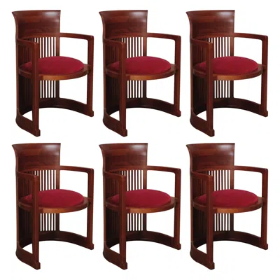 Pre-owned Cassina Frank Lloyd Wright "barrel" Chairs For , Burgundy Velvet, 1937, Set Of 6 In Red