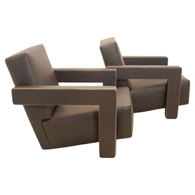 Pre-owned Cassina Gerrit Rietveld For  – Pair Of Iconic ‘utrecht' Chairs In Leather In Brown