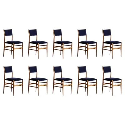 Pre-owned Cassina Gio Ponti 646 "leggera" Dining Chairs For , Blue Velvet, 1952, Set Of 10