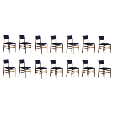 Pre-owned Cassina Gio Ponti 646 "leggera" Dining Chairs For , Blue Velvet, 1952, Set Of 14