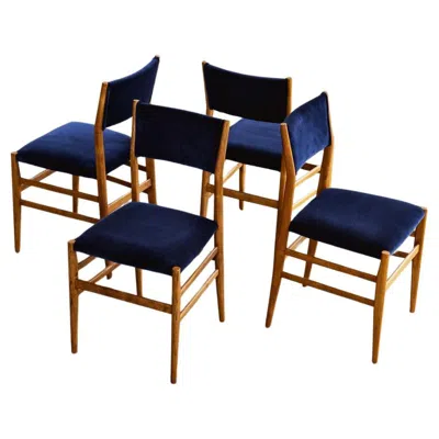 Pre-owned Cassina Gio Ponti 646 "leggera" Dining Chairs For , Blue Velvet, 1952, Set Of 4