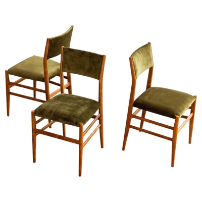 Pre-owned Cassina Gio Ponti 646 "leggera" Dining Chairs For , Green Velvet, 1952, Set Of 3