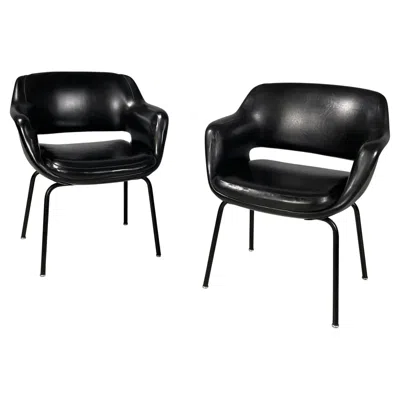Pre-owned Cassina Italian Modern Black Leather And Metal Armchairs By , 1970s