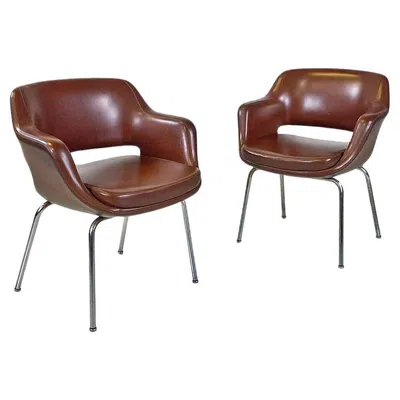 Pre-owned Cassina Italian Modern Brown Leather And Chromed Steel Armchairs By , 1970s